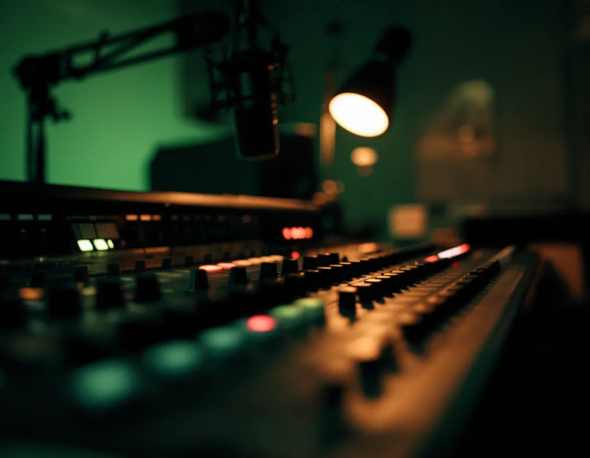 A multitrack editing session open on the console at Narrasonic, with a dialogue waveform spread across the screen